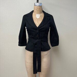 NWT Deadstock 2000s Pinstripe Belted 3/4 Sleeve Black Cotton Blazer